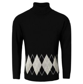 Men's Vintage Argyle Turtlenecks Sweater Thermal Knitted Pullover (Option: Black-L)